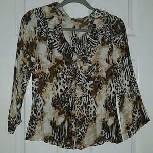 Erin London crinkle ruffle animal print top Sz M
